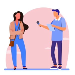 Male journalist interviewing young woman. Microphone, question, dialog flat vector illustration. Show and television concept for banner, website design or landing web page